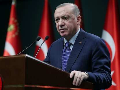الرئيس التركي رجب طيب أردوغان يدلي ببيان بعد اجتماع في أنقرة- 5 أبريل 2021 - REUTERS