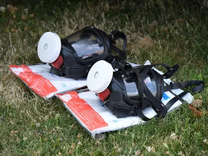 أقنعة غاز تابعة لمحققين بالقرب من عنوان سكني في مدينة أميزبري البريطانية  - AFP