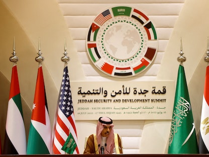 وزير الخارجية السعودي الأمير فيصل بن فرحان خلال المؤتمر الصحافي في جدة. 16 يوليو 2020 - REUTERS