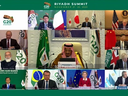 الملك سلمان بن عبد العزيز يلقي الكلمة الافتتاحية في قمة الرياض لقادة مجموعة العشرين، 21 نوفمبر 2020 - وكالة الأنباء السعودية