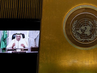الملك سلمان بن عبد العزيز خلال كلمة مسجلة أمام الجمعية العامة للأمم المتحدة. 22 سبتمبر 2021. - REUTERS