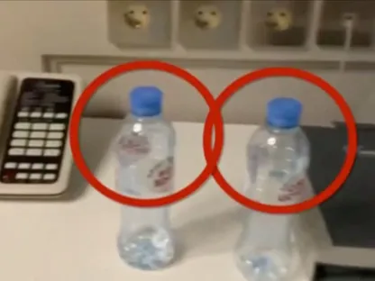 زجاجتا مياه في غرفة فندق أقام فيها الزعيم المعارض الروسي أليكسي نافالني في سيبيريا - 17 سبتمبر 2020 - via REUTERS