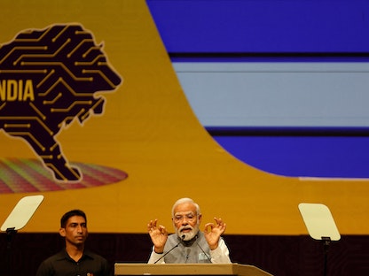 رئيس الوزراء الهندي ناريندرا مودي يلقي كلمة خلال مؤتمر "SemiconIndia 2023" ، الهند السنوي لأشباه الموصلات في جانديناجار، الهند. 28 يوليو 2023 - REUTERS