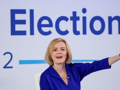 المرشحة لرئاسة الوزراء البريطانية ليز ترَس خلال فعالية لحزب المحافظين في نورويتش (جنوب شرق)- 25 أغسطس 2022 - REUTERS