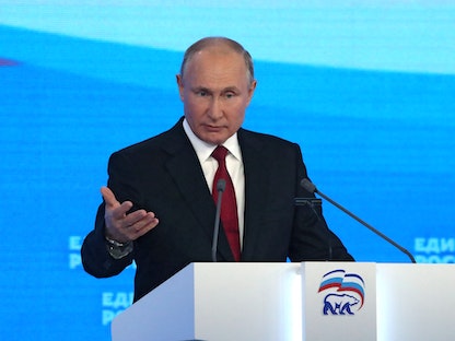 الرئيس الروسي فلاديمير بوتين خلال المؤتمر السنوي لحزب روسيا الموحدة في موسكو، 19 يونيو 2021 - REUTERS