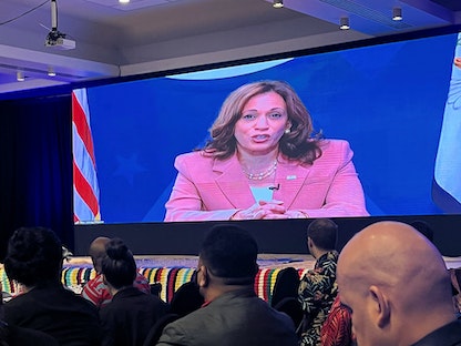 نائبة الرئيس الأميركي كامالا هاريس تتحدث خلال منتدى جزر المحيط الهادئ في عاصمة فيجي سوفا- 13 يوليو 2022. - REUTERS
