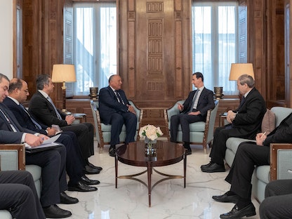 الرئيس السوري بشار الأسد يستقبل وزير الخارجية المصري سامح شكري في دمشق. 27 فبراير 2023 - Twitter@Presidency_Sy