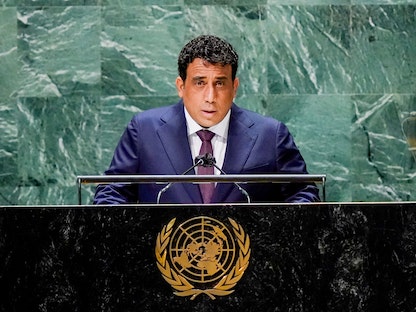 محمد المنفي، رئيس المجلس الرئاسي الليبي، خلال كلمة أمام الجمعية العامة للأمم المتحدة، نيويورك، 24 سبتمبر 2021 - REUTERS