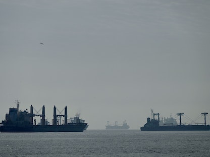 سفن شحن محملة بالحبوب في المدخل الجنوبي لمضيق البوسفور في إسطنبول. 31 أكتوبر 2022  - AFP