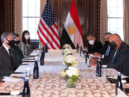 وزير الخارجية المصري سامح شكري ونظيره الأميركي أنطوني بلينكن على هامش الدورة الـ 76 للجمعية العامة للأمم المتحدة في نيويورك- 22 سبتمبر 2021 - REUTERS