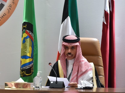 وزير الخارجية السعودي الأمير فيصل بن فرحان في مؤتمر صحافي بختام قمة العُلا لدول مجلس التعاون الخليجي - AFP