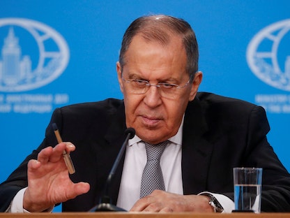 وزير الخارجية الروسي سيرجي لافروف خلال المؤتمر الصحافي السنوي في موسكو. 14 يناير 2022 - REUTERS