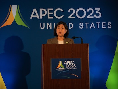 الممثلة التجارية الأميركية كاثرين تاي تتحدث خلال منتدى التعاون الاقتصادي لدول آسيا والمحيط الهادئ (APEC) في ديترويت بولاية ميشيجان. 26 مايو 2023 - Bloomberg