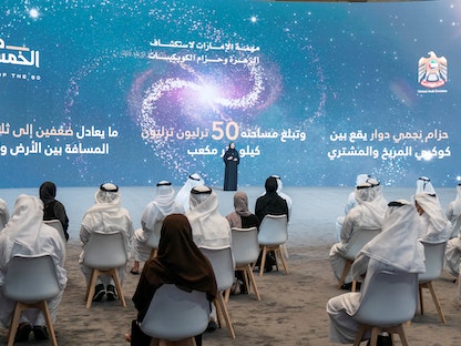 جانب من إعلان الإمارات عن رحلتها الفضائية الاستكشافية الجديدة إلى كوكب الزهرة خلال فعالية في قصر الوطني بأبوظبي - 5 أكتوبر 2021 - وكالة الأنباء الإماراتية (وام)