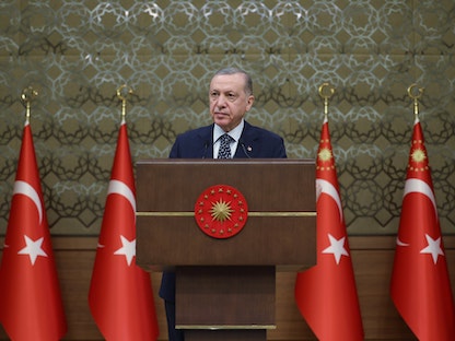الرئيس التركي رجب طيب أردوغان خلال "المؤتمر الدولي لأمناء المظالم" في العاصمة أنقرة. 11 يناير 2023 - Twitter@tcbestepe_ar