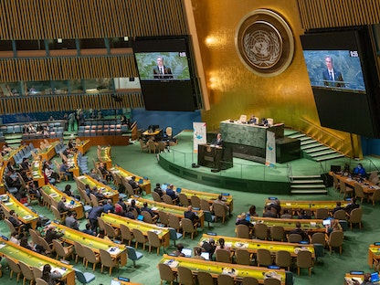 وزير الخارجية الأميركي أنتوني بلينكن يتحدث خلال اجتماع للجمعية العامة للأمم المتحدة لمناقشة الأمن الغذائي العالمي - نيويورك - 19 مايو 2022 - AFP