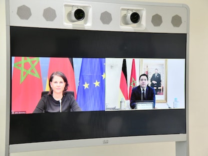 وزير الخارجية المغربي ناصر بوريطة خلال مباحثات مع نظيره الألمانية أنالينا بيربوك، عبر تقنية الاتصال المرئي. 16 فبراير 2022. - الخارجية المغربية