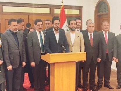 رئيس الكتلة الصدرية في العراق حسن العذاري خلال مؤتمر صحافي - 23 مارس 2022 - واع