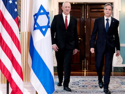 وزير الخارجية الأميركي أنتوني بلينكن خلال استقباله وزير الدفاع الإسرائيلي بيني غانتس في العاصمة واشنطن 3 يونيو 2021 - REUTERS