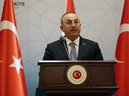 وزير الخارجية التركي مولود جاويش أوغلو يتحدث خلال مؤتمر صحافي بالعاصمة التركية أنقرة- 8 يونيو 2022 - AFP