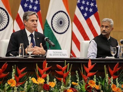 وزير الخارجية الأميركي أنتوني بلينكن ونظيره الهندي سوبراهمانيام جايشانكار خلال مؤتمر صحافي مشترك في نيودلهي - 28 يوليو 2021  - AFP