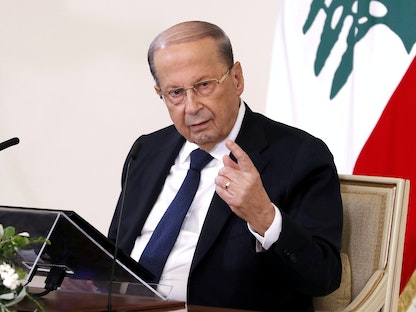 الرئيس اللبناني ميشال عون خلال مؤتمر صحافي في قصر بعبدا شرق بيروت- 21 أكتوبر 2020 - REUTERS