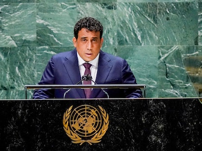 محمد يونس المنفي، رئيس المجلس الرئاسي الليبي، خلال كلمة أمام الجمعية العامة للأمم المتحدة، نيويورك، 24 سبتمبر 2021 - REUTERS