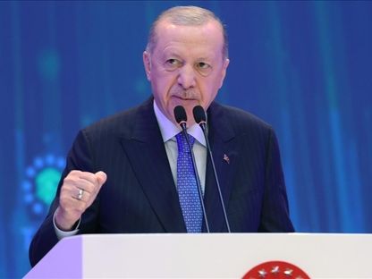 الرئيس التركي رجب طيب أردوغان في حفل افتتاح المقر الجديد لرئاسة جمهورية شمال قبرص التركية 3 مايو 2025 - وكالة الأناضول
