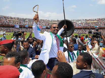 رئيس الوزراء الإثيوبي آبي أحمد خلال تجمّع انتخابي في جيما، 16 يونيو 2021 - REUTERS