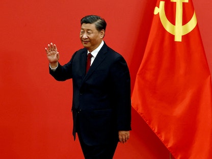 الرئيس الصيني شي جين بينج خلال أعمال المؤتمر الوطني العشرين للحزب الشيوعي الصيني، في قاعة الشعب الكبرى في بكين، الصين. 23 أكتوبر 2022 - REUTERS
