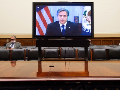 وزير الخارجية الأميركي أنتوني بلينكن خلال الإدلاء بشهادته افتراضياً أمام الكونجرس حول أفغانستان 13 سبتمبر 2021 - AFP