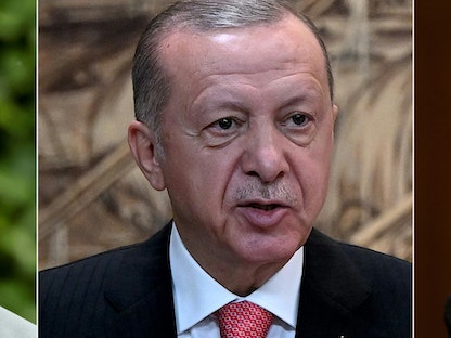 صورة مركبة تجمع الرئيس التركي رجب طيب أردوغان والرئيس الأوكراني فلوديمير زيلينسكي والأمين العام للأمم المتحدة أنطونيو جوتيريش - AFP