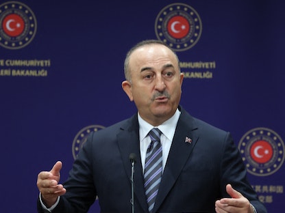 وزير الخارجية التركي مولود جاويش أوغلو في مؤتمر صحافي بأنقرة، تركيا، 13 أكتوبر 2021 - AFP