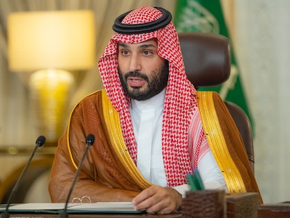 ولي العهد السعودي محمد بن سلمان خلال إلقاء كلمته المسجلة التي أذيعت في منتدى السعودية الخضراء، 23 أكتوبر 2021 - وكالة الأنباء السعودية