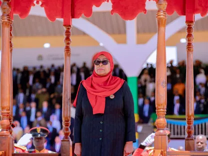 رئيسة تنزانيا سامية صولوحو حسن خلال حفل تنصيبها لولاية ثانية، دودوما، 3 نوفمبر 2025 - via REUTERS