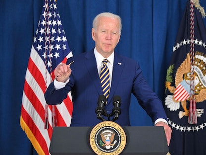 الرئيس الأميركي جو بايدن في مؤتمر صحافي عقده بمناسبة الإعلان عن معدل الوظائف الأميركية - 3 يونيو 2022 - AFP