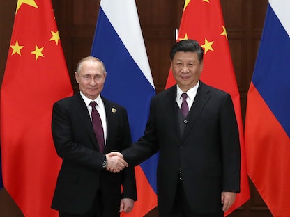 الرئيس الصيني شي جين بينج لدى استقباله نظيره الروسي فلاديمير بوتين في بكين، 26 أبريل 2019 - Valery Sharifulin/TASS/ Gettyimages