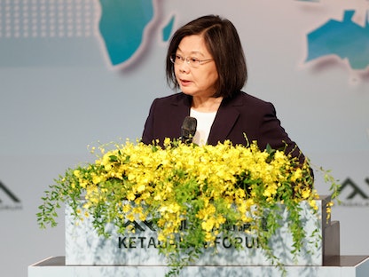 رئيسة تايوان تساي إينج ون تتحدث خلال منتدى كيتاجالان السنوي للأمن في تايبيه. 8 أغسطس 2023 - REUTERS