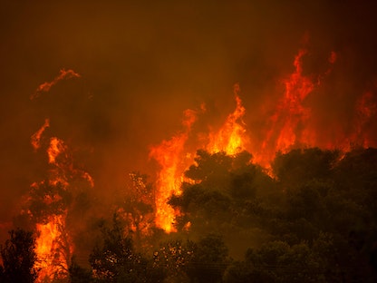 حريق يلتهم غابات قرية فيلا شمال غربي أثينا، 18 أغسطس 2021 - AFP