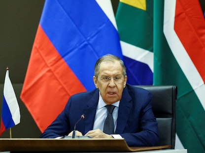 وزير الخارجية الروسي سيرجي لافروف خلال مؤتمر صحافي في جنوب إفريقيا- 23 يناير 2023 - REUTERS