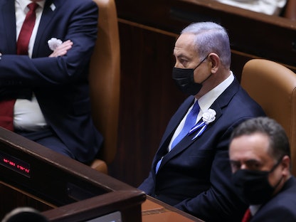 رئيس الوزراء الإسرائيلي بنيامين نتنياهو خلال جلسة في الكنيست بمدينة القدس- 6 أبريل 2021 - REUTERS