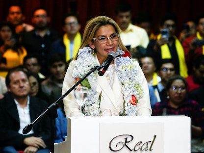 الرئيسة الانتقالية السابقة لبوليفيا جانين أنييز خلال حفل لإعلان ترشحها كمستقلة لانتخابات الرئاسة - 3 مايو 2020 - REUTERS
