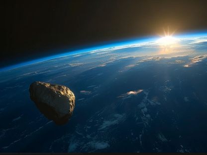 صورة تعبيرية أنتجتها الشرق بالذكاء الاصطناعي لكويكب يمر جانب كوكب الأرض. 1 مارس 2024 - Midjourney