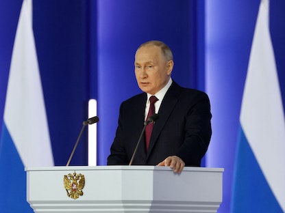 الرئيس الروسي فلاديمير بوتين خلال خطابه السنوي أمام الجمعية الفيدرالية في موسكو - 21 فبراير 2023. - via REUTERS