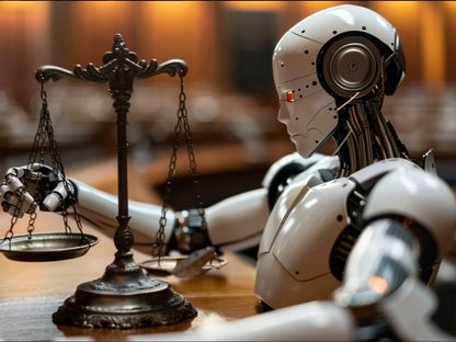صورة أنتجتها "الشرق" بالذكاء الاصطناعي لروبوت يجلس أمام ميزان (رمز العدل) داخل قاعة محكمة. 26 أبريل 2024 - Midjourney