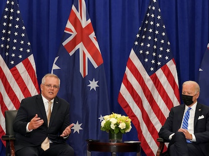 الرئيس الأميركي جو بايدن ورئيس الوزراء الأسترالي سكوت موريسون خلال لقائهما على هامش اجتماعات الجمعية العامة للأمم المتحدة في نيويورك 21 سبتمبر 2021 - REUTERS