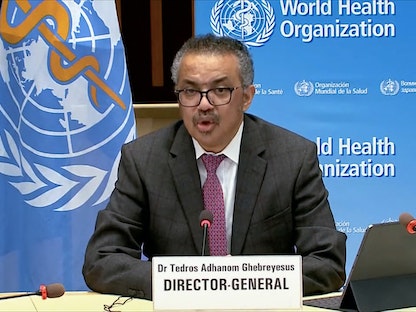 المدير العام لمنظمة الصحة العالمية تيدروس أدهانوم جيبرييسوس خلال مؤتمر صحافي في جنيف- 5 يناير 2021 - AFP