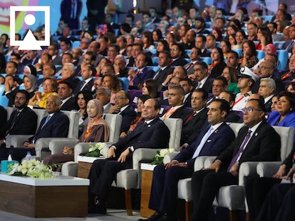الرئيس المصري عبد الفتاح السيسي خلال مشاركته في الدورة السابعة للمؤتمر الوطني للشباب. 30 يوليو 2019.
