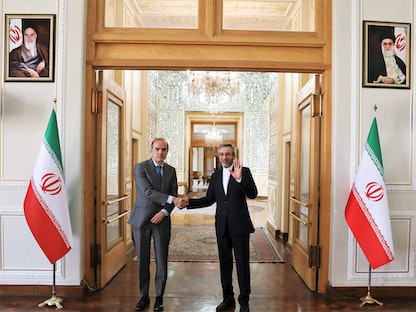 كبير المفاوضين الإيرانيين في محادثات فيينا علي باقري يستقبل المنسق الأوروبي إنريكي مورا (يسار) في طهران - 11 مايو 2022  - REUTERS