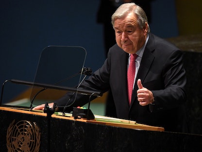 الأمين العام للأمم المتحدة أنتونيو جوتيريتش يلقي كلمة أمام الجمعية العامة للأمم المتحدة. 21 سبتمبر 2021. - REUTERS